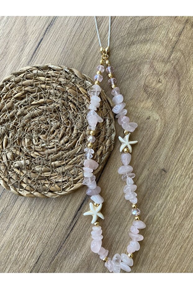 Pink Quartz Natural Stoned Pink Crystal Detailed Star Gold Detailed Phone Strap Charm Accessory Rope