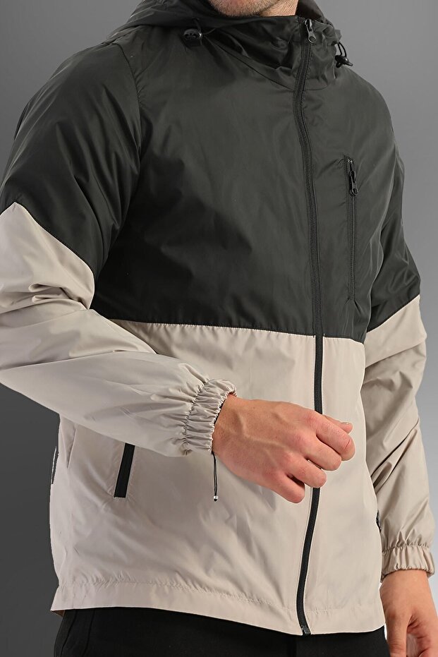 Men's Black-stone Two Color Lined Water and Windproof Hooded Raincoat with Pockets