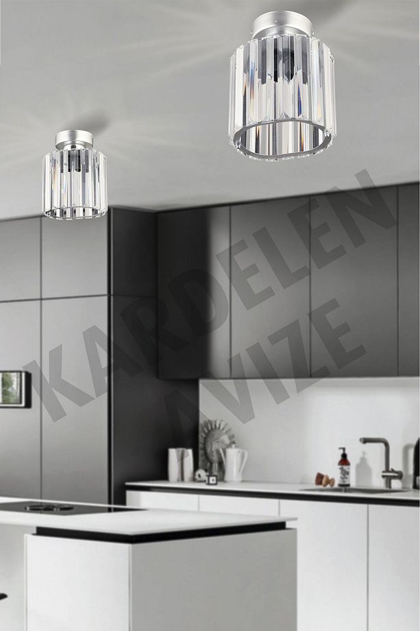 Krom Tekli Plafonyer Kristal  Taşlı  Lüks Avize - 2