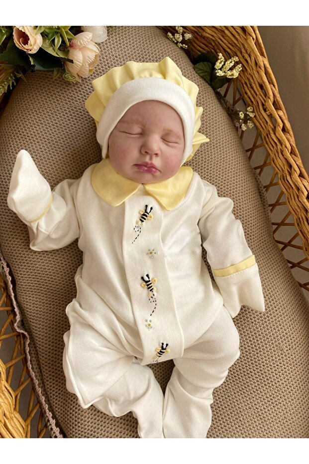 Baby Boy Hand-Embroidered Bee Newborn Romper and Hat Set