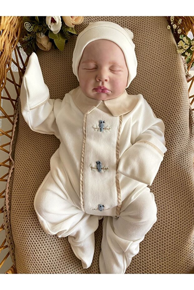 Hand-Embroidered Blue Bird Detailed Milk Coffee Fabric Men's Newborn Romper and Hat