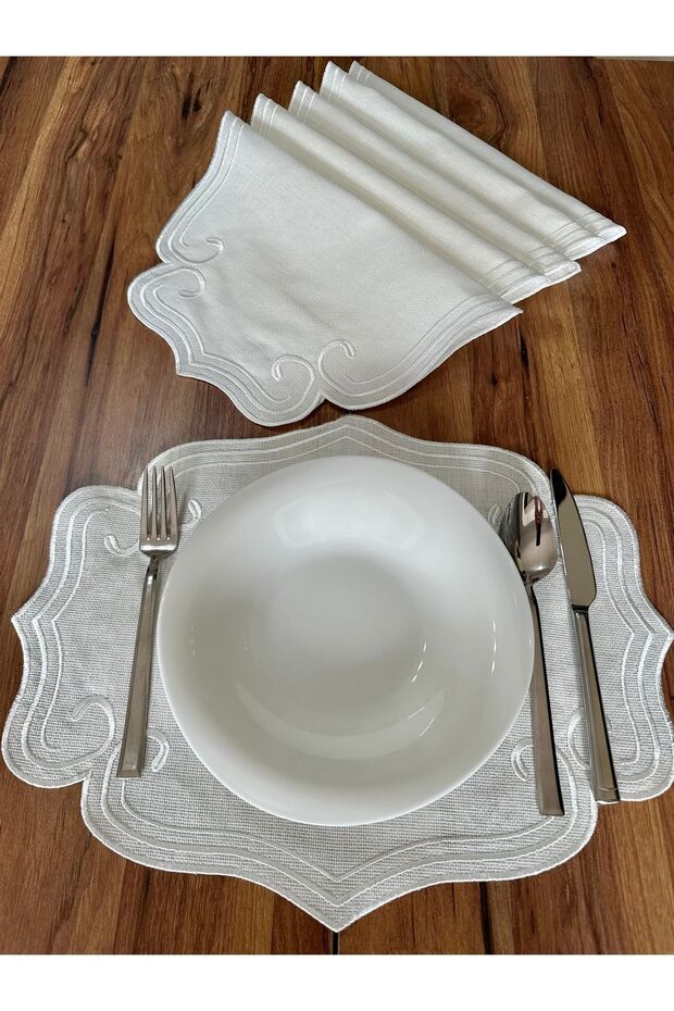 6 Pieces Curly Model Ecru Embroidered American Service Plate