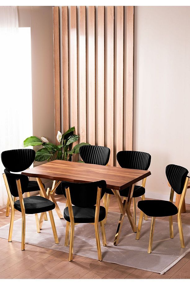 Kütük Desenli MDF Gold Elma Mutfak Masa Takımı 6 Sandalyeli Salon Yemek Masa Takımı - 1
