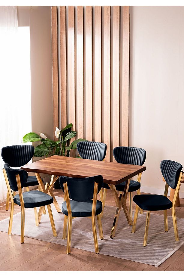 Kütük Desenli MDF Gold Elma Mutfak Masa Takımı 6 Sandalyeli Salon Yemek Masa Takımı - 1