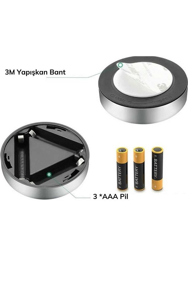 2 adet Kablosuz Spot Pilli Dokunmatik Led Lamba 3 Ledli Dolap Lambası - 2