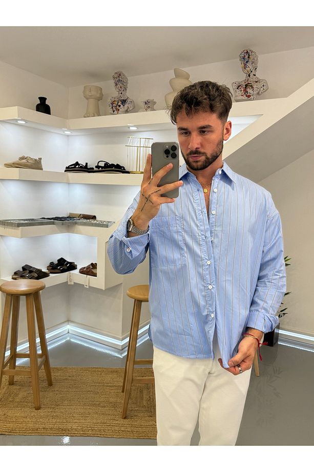 Açık Mavi Modal Çizgili Oversize Gömlek - 3