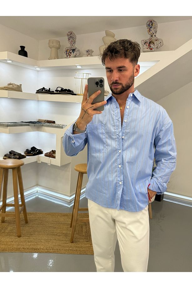 Açık Mavi Modal Çizgili Oversize Gömlek - 2