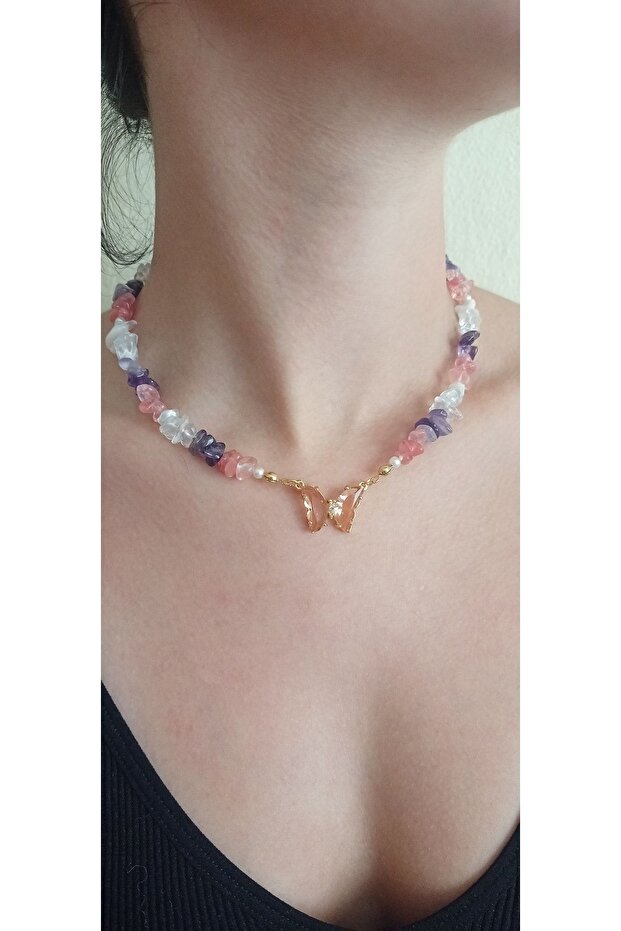 Natural Amethyst, Quartz, Moonstone Mixed Pink Butterfly Necklace