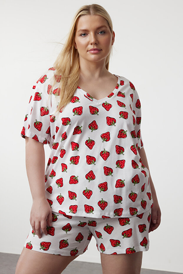 Beyaz Çilek Desenli V Yaka Örme Pijama Takımı TBBSS24AI00133 - 1
