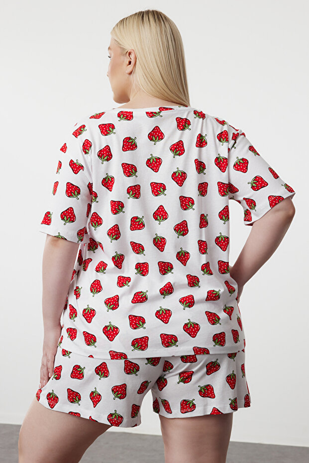 Beyaz Çilek Desenli V Yaka Örme Pijama Takımı TBBSS24AI00133 - 5