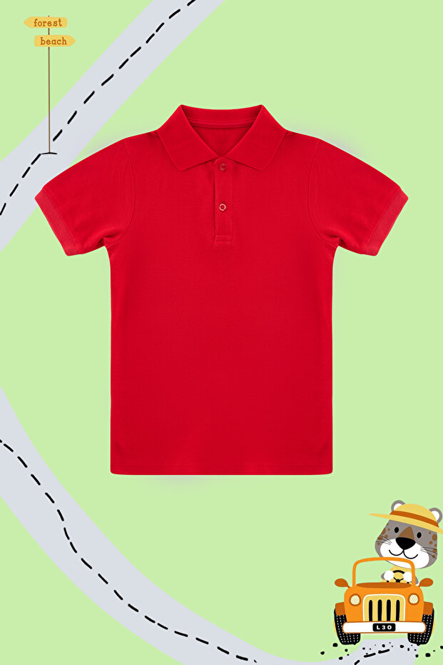 Kırmızı Unisex %100 Pamuk Basic Polo Yaka Regular/Normal Kalıp Kısa Kol Örme T-Shirt TKDSS24TS00022 - 3