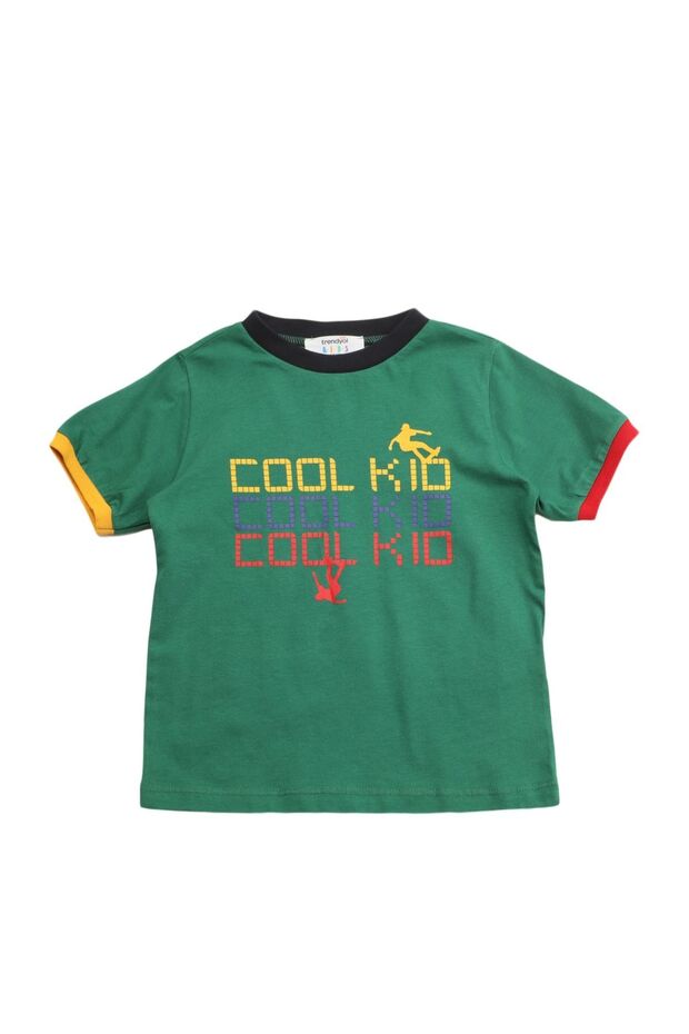 Yeşil Erkek Çocuk Renk Bloklu Slogan Desenli Bisiklet Yaka Örme T-Shirt TKDSS24TS00044 - 3