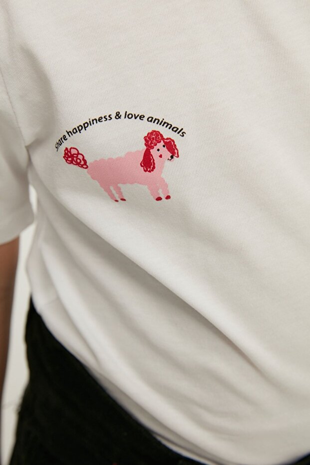 Beyaz Kız Çocuk %100 Pamuk Hayvan Baskılı Regular/Normal Kalıp Kısa Kol Örme T-Shirt TKDSS24TS00046 - 6