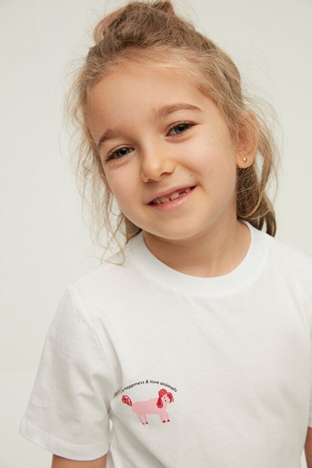 Beyaz Kız Çocuk %100 Pamuk Hayvan Baskılı Regular/Normal Kalıp Kısa Kol Örme T-Shirt TKDSS24TS00046 - 2