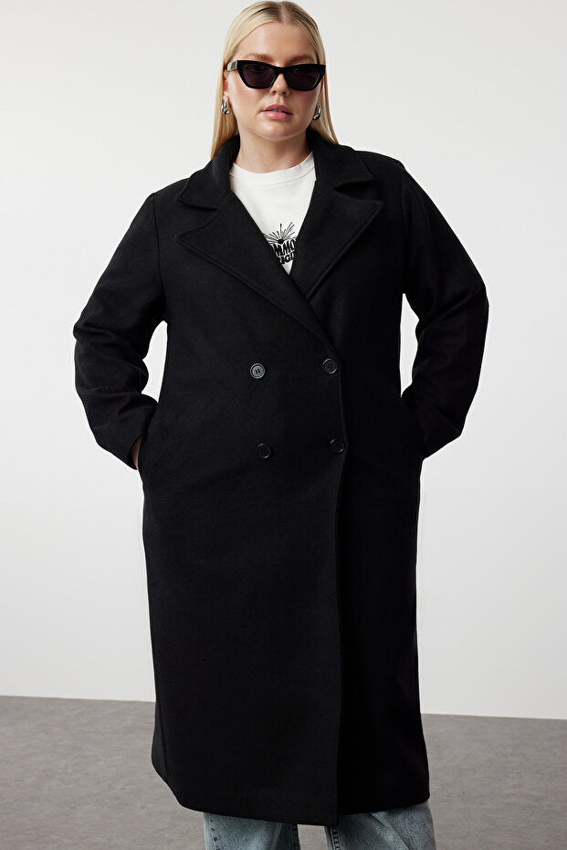 Siyah Oversize Fit Kruvaze Kapama Yün Karışımlı Kaşe Kaban TBBAW23KB00002 - 2