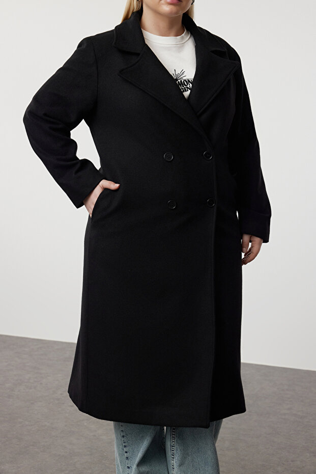 Siyah Oversize Fit Kruvaze Kapama Yün Karışımlı Kaşe Kaban TBBAW23KB00002 - 3