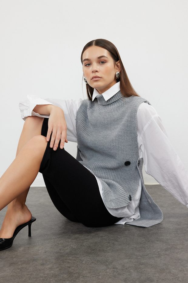 سترة تريكو رمادية - وظيفية على الجانب، زر TWOAW25SV00015 - 1