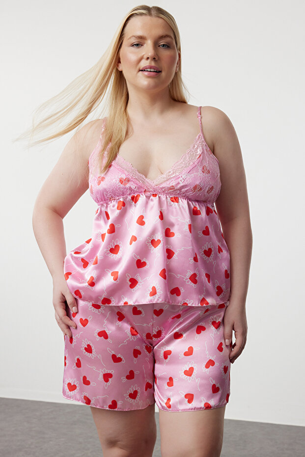 Pembe Kalp Desenli Dantelli Saten Dokuma Pijama Takımı TBBSS24AI00112 - 1