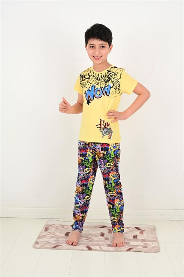 Erkek Çocuk Kısa Kollu Pijama Takımı Wow Model Sarı - 4