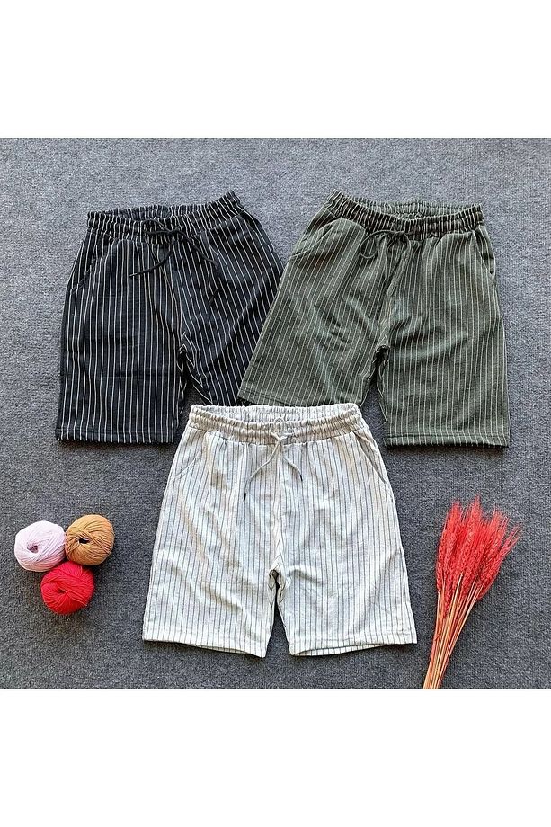 Siyah Haki Gri Erkek Çizgili Regular Fit 3'lü Paket Şort & Bermuda - 1