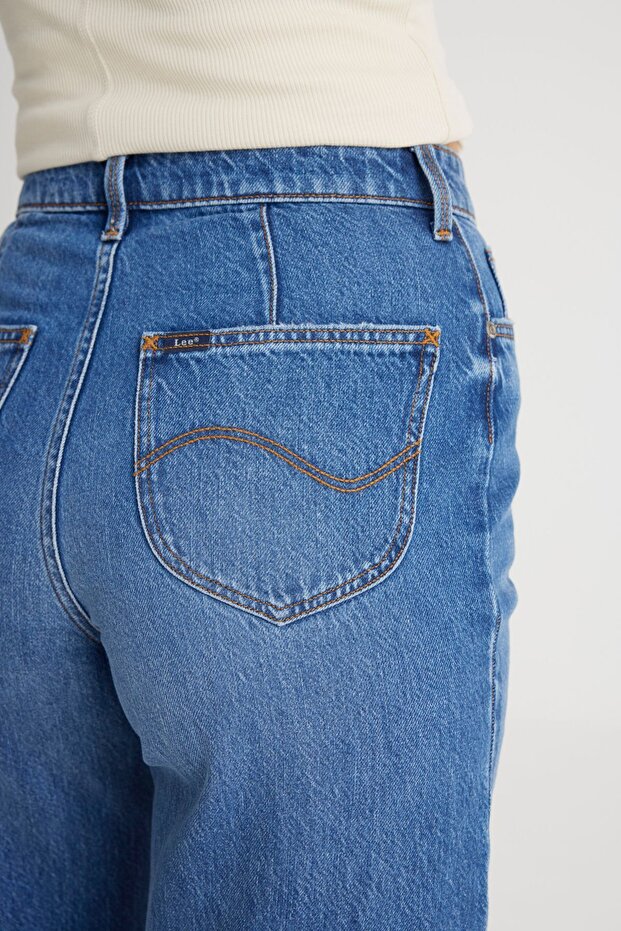 Regular Fit Normal Kesim Yüksek Bel İspanyol Paça %100 Pamuk Stella A Line Mavi Jean Kot Pantolon - 4