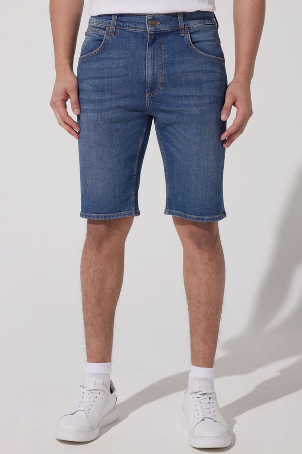 Regular Fit Normal Keism Normal Bel Mavi Esnek Jean Kot Şort - 1
