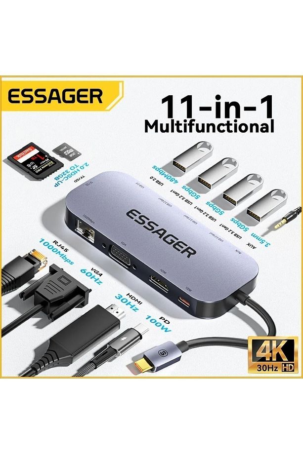 11'in 1'i Hub Çoğaltıcı 4k Hdm/usb C Pd/3.mm/tf Kart/sd Kart/usb A/usb C/100w/rj45/wga Son Teknoloji - 1