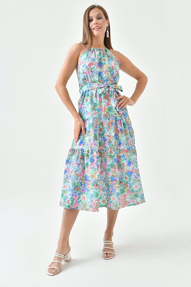 Halter Neck Belt Detailed Flared Cut Floral Patterned Summer Green Dress 1141