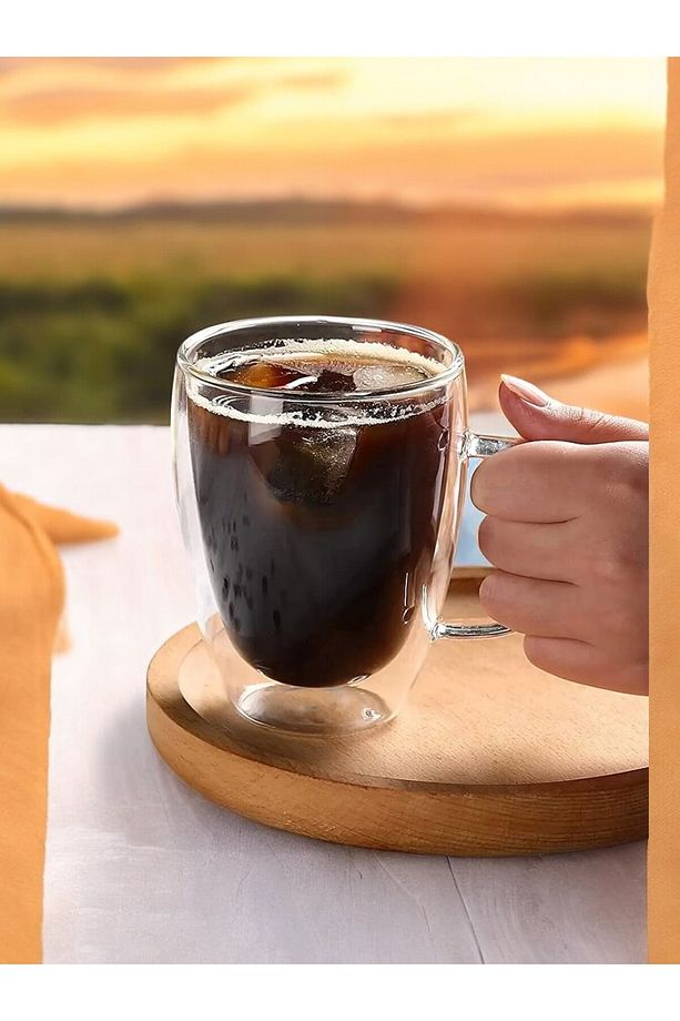 Çift Cidarlı Kupa Bardak Isıya Dayanıklı Çift Kat Borosilikat Kulplu Cam Bardağı 350 Ml - 2