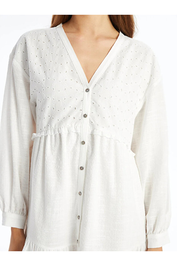 LCW Vision V Yaka Nakışlı Uzun Kollu Kadın Gömlek Elbise - 4