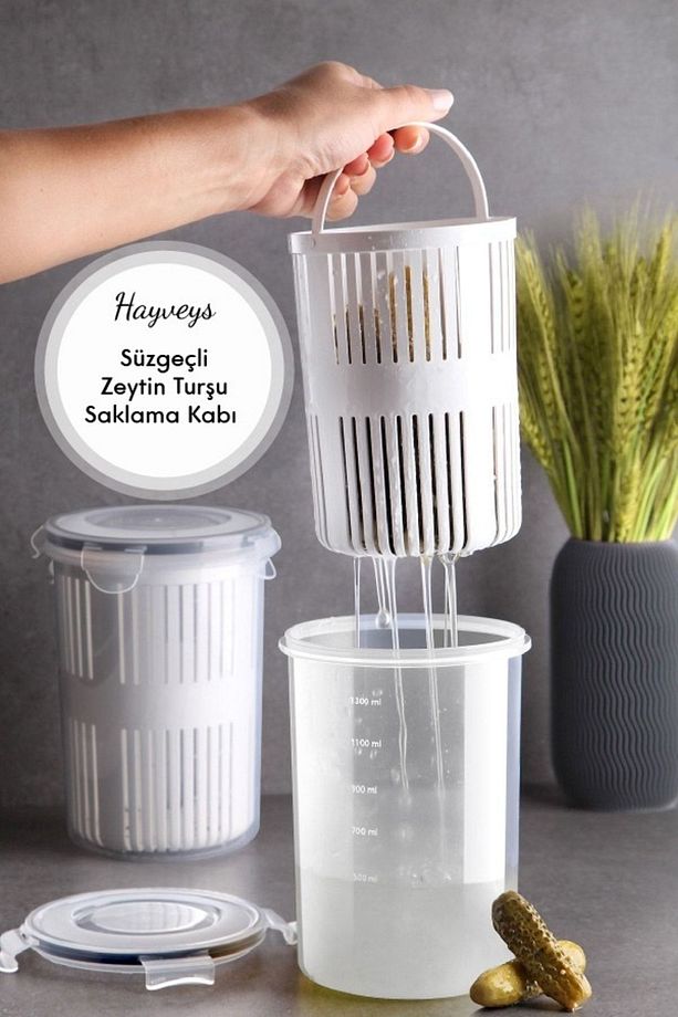 Süzgeçli Kilit Kapaklı Zeytin Turşu Saklama Kabı Mikrodalgada Kullanıılabilir 1500 ml ( G-16 ) - 5