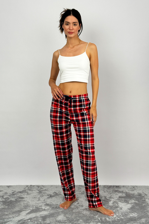 Women's Cotton Plaid Patterned Pajama Bottoms Sweatpants Red White Checkered with Ribbon
