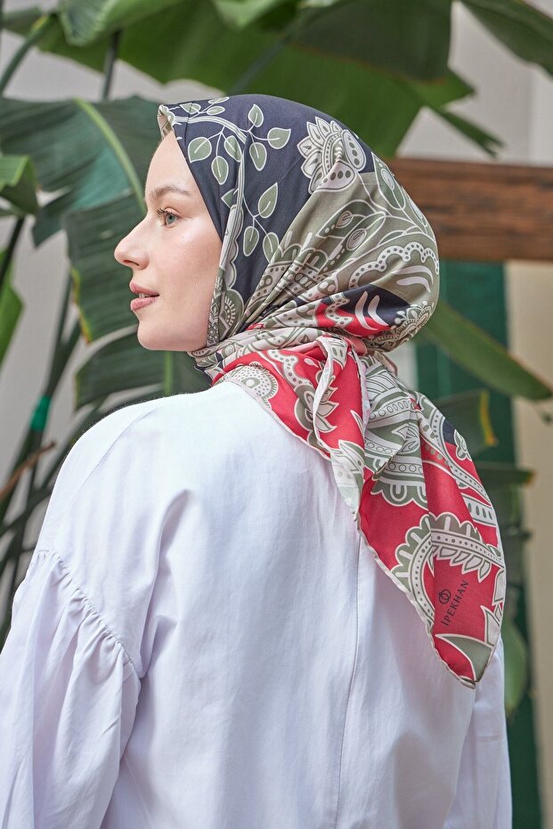 Ipekhan Sıla وشاح قطني منقوش باللون الأحمر - 2