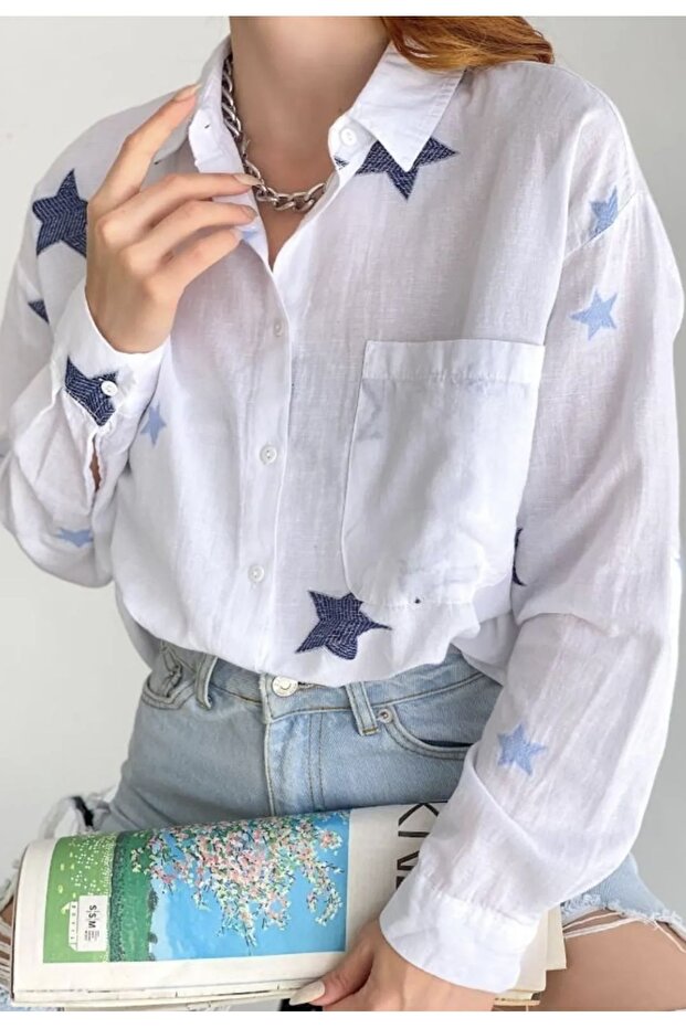 Star Embroidery Wide-Fit Flowy Cotton Shirt