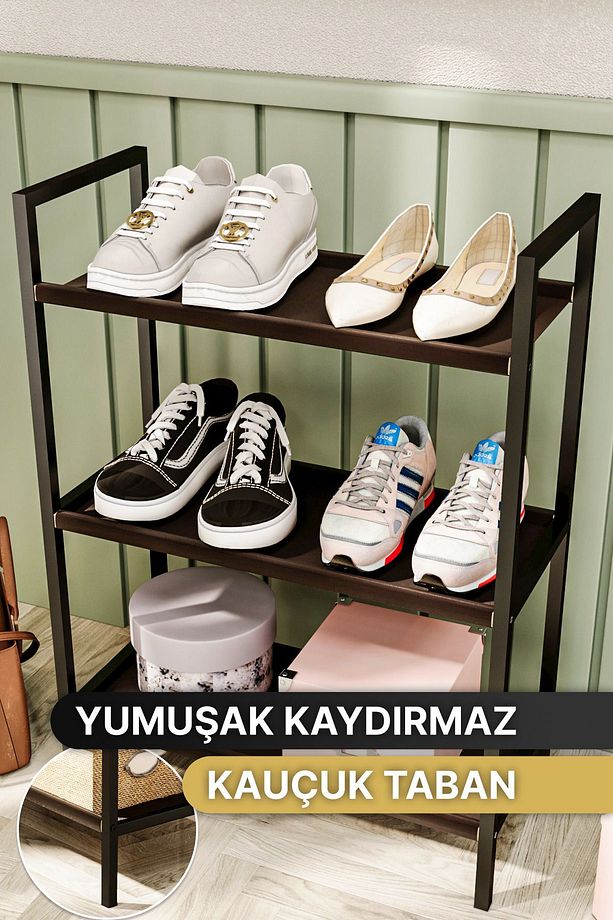 Ayakkabılık Metal Ayakkabılık Ahşap Ayakkabılık Dekoratif 3Katlı Kumaşlı Mobilya Çok Amaçlı Raf - 4