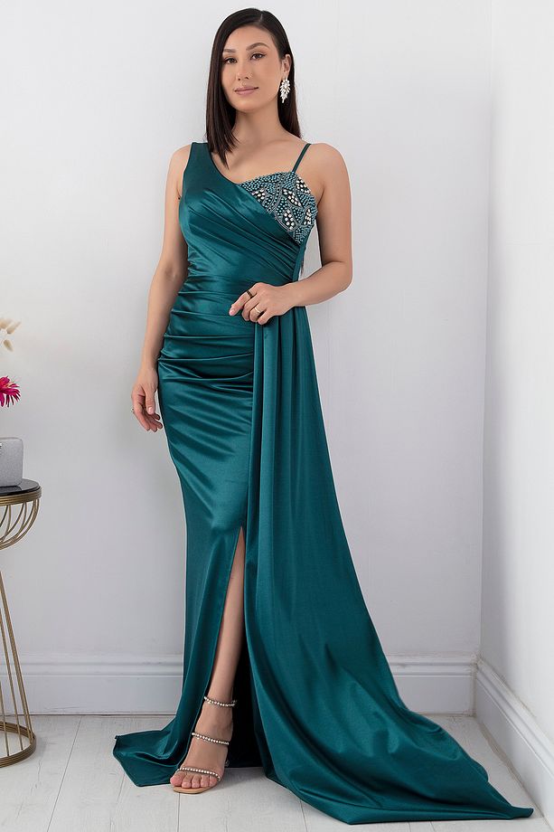 Tek Omuz Göğüs Taşlı Elbise 39871 - 4