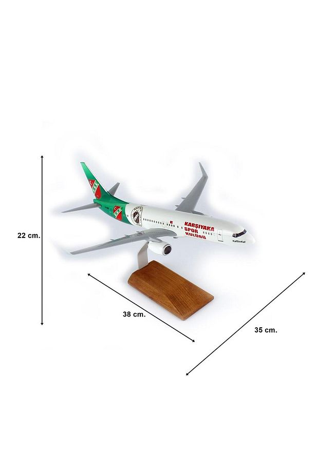 THY038 1/100 Ölçek, THY Karşıyaka Spor Logolu B737-800 Yolcu Uçağı, Sergilemeye Hazır Ahşap Standlı - 5