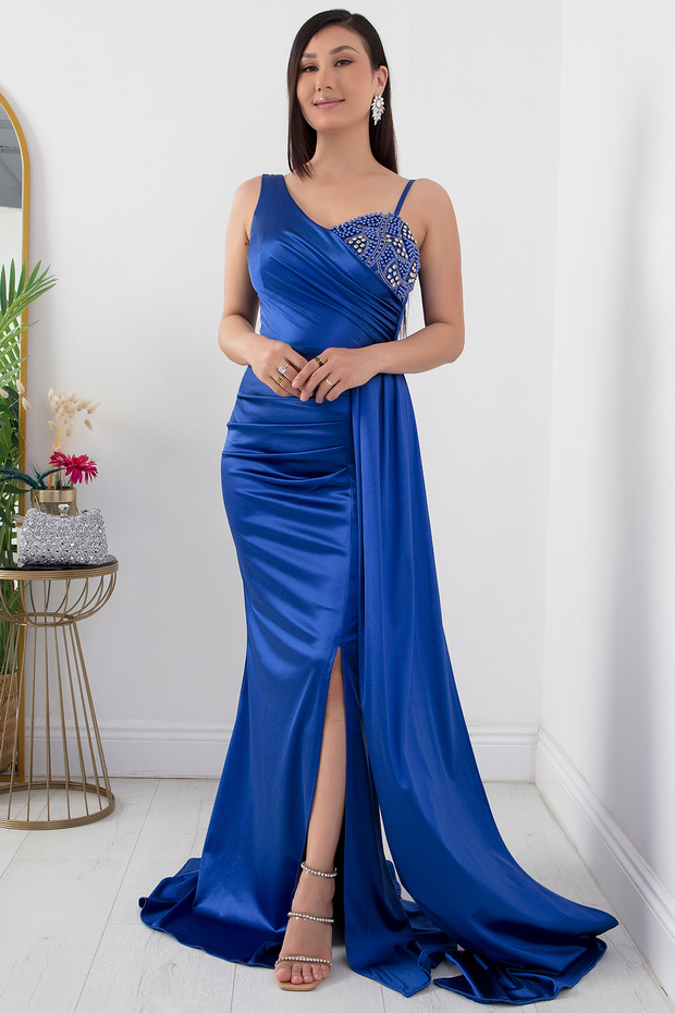 Tek Omuz Göğüs Taşlı Elbise 39871 - 4