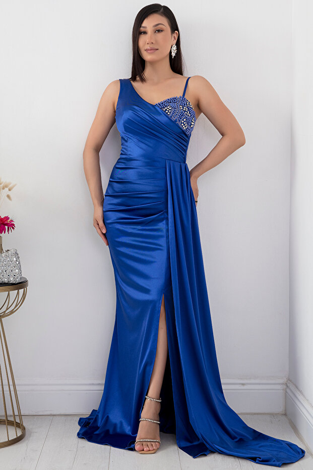 Tek Omuz Göğüs Taşlı Elbise 39871 - 6