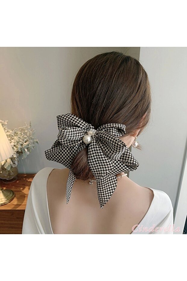 Elegant Bow with Pearl and Stone in Herringbone Pattern Automatic Hair Clip - New Season Bowknot Clip Hairpin