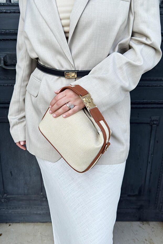 Linen Medium Size Women's Hand and Shoulder Bag with Gold Lock Accessory Santorini Tan - 8