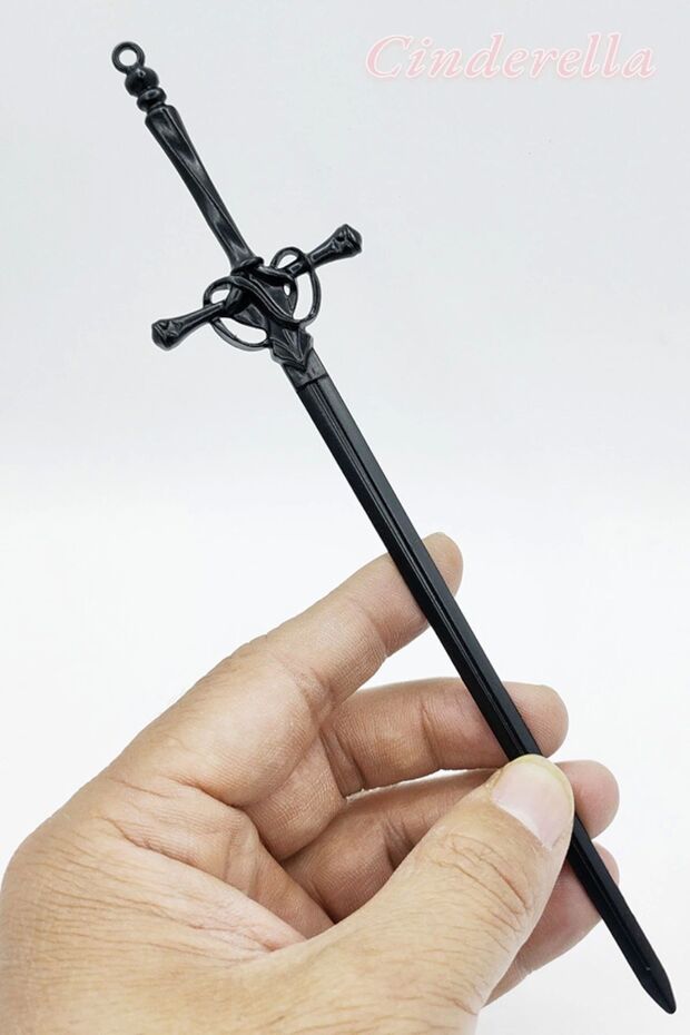Sword Design Women's Fashion Black Metal Bun Buckle 20cm - Simple and Elegant Long Hair Bun Stick