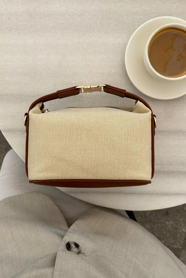 Linen Medium Size Women's Hand and Shoulder Bag with Gold Lock Accessory Santorini Tan - 6