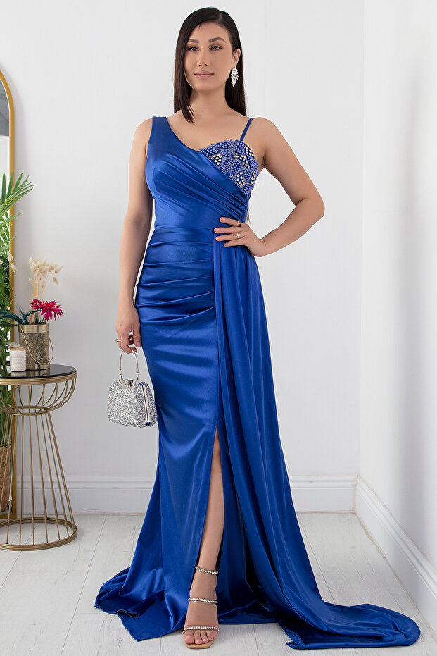 Tek Omuz Göğüs Taşlı Elbise 39871 - 1