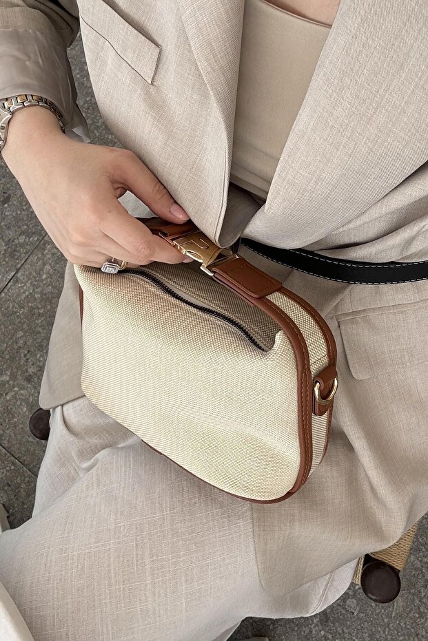 Linen Medium Size Women's Hand and Shoulder Bag with Gold Lock Accessory Santorini Tan - 2