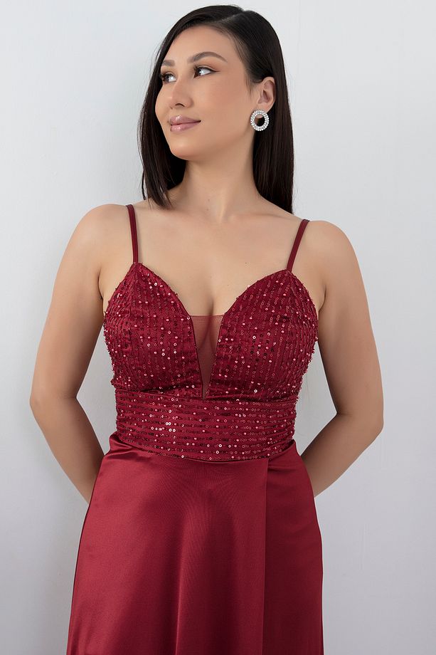 Göğüs Pullu Askılı Saten Elbise 39885 - 3