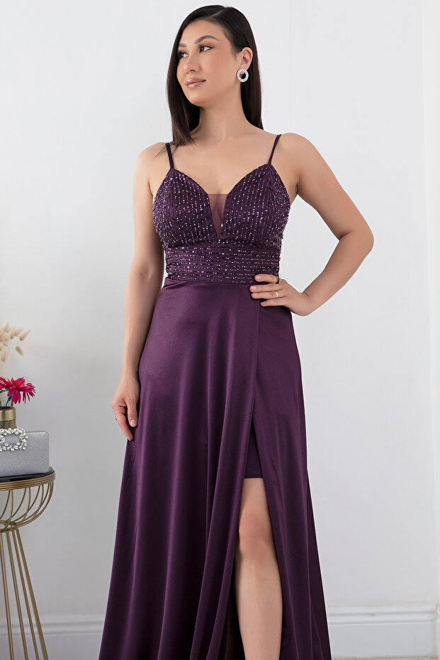 Göğüs Pullu Askılı Saten Elbise 39885 - 6