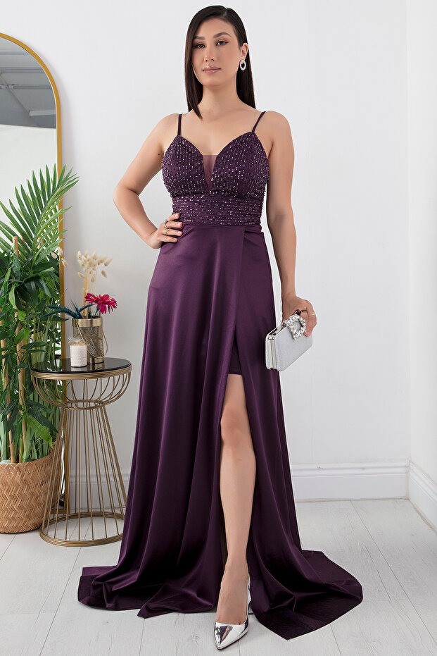 Göğüs Pullu Askılı Saten Elbise 39885 - 1