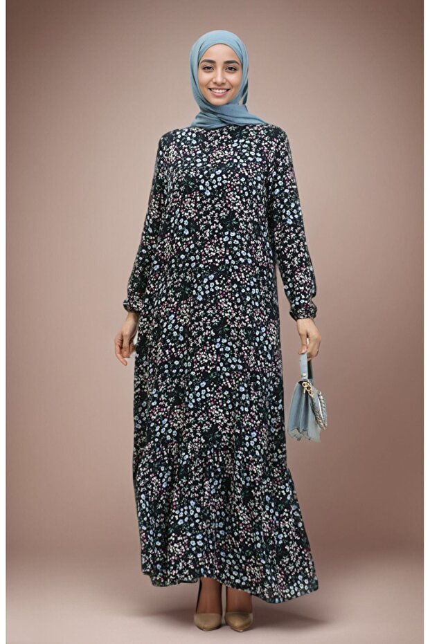 Floral Viscose Dress with Gathered Hem