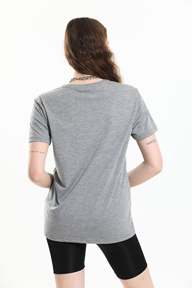 Gri, Oversize Fit Pamuklu Kısa Kollu Basic Uniseks Kadın Erkek Tişört - 5